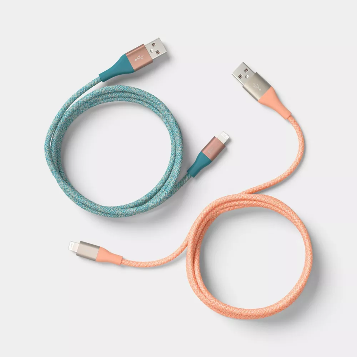 Two‑Pack Long‑Reach Usb‑A To Lightning Connecting Cables In Distinct Fresh‑Toned Finishes