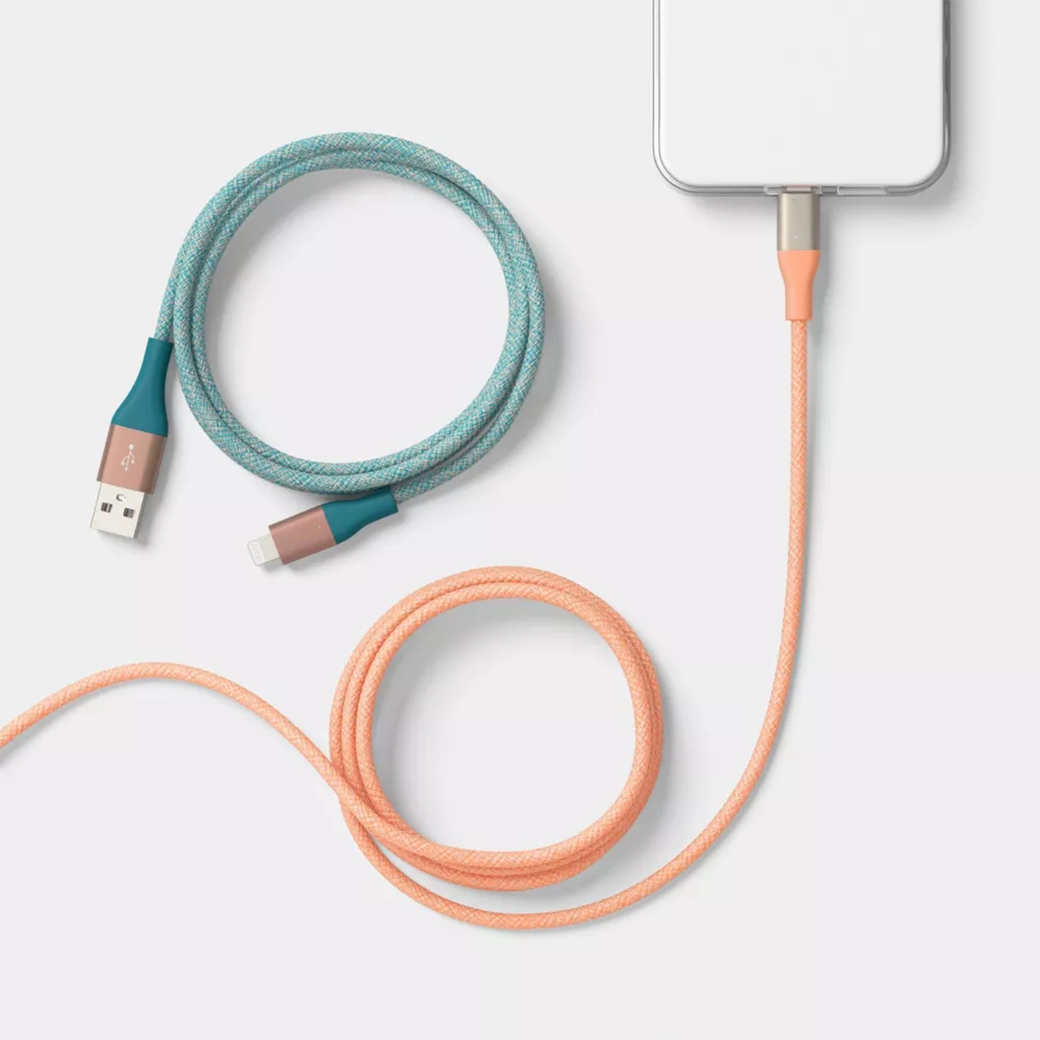 Two‑Pack Long‑Reach Usb‑A To Lightning Connecting Cables In Distinct Fresh‑Toned Finishes